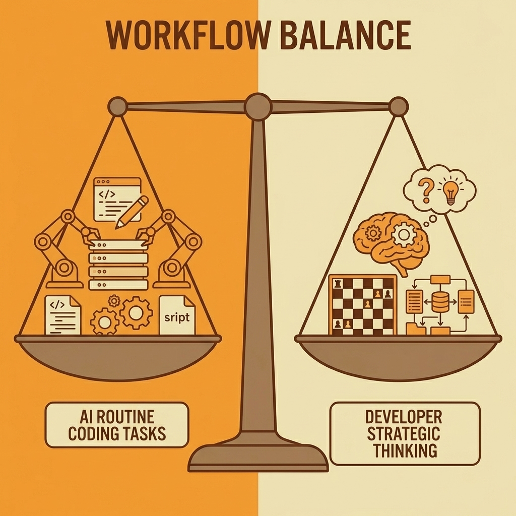 Balance scale comparing AI routine coding tasks on one side with developer strategic thinking on the other